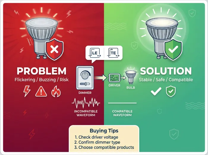 Infographic comparing incompatible LED bulbs causing flickering, buzzing, and fire risks with dimmers to stable, safe solutions using compatible drivers.