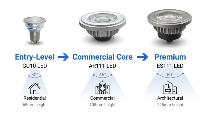Side-by-side comparison of three LED downlights: small entry-level GU10 for residential use with 30-degree beam and 60mm height, medium commercial AR111 core with 45-degree beam and 108mm height, large premium ES111 for architectural applications with 60-degree beam and 128mm height.