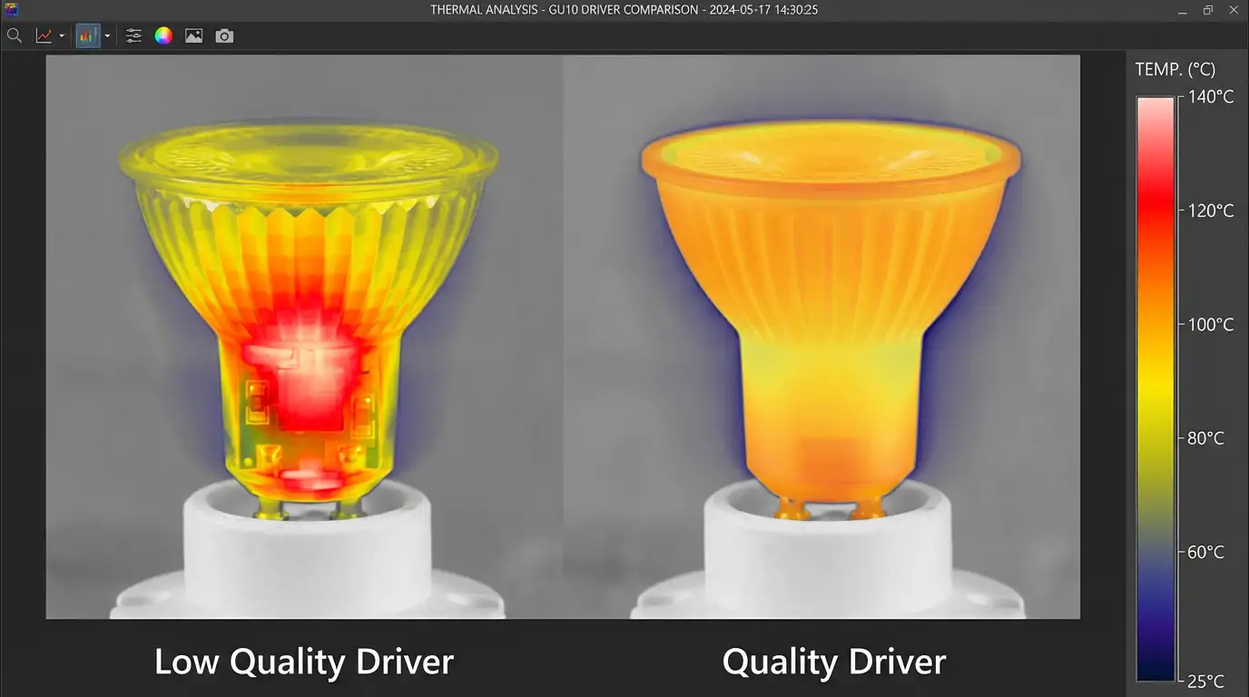 Thermal imaging side-by-side comparison of low-quality and high-quality LED drivers in bulbs, showing intense red heat in the low-quality version versus cooler greens in the quality one.
