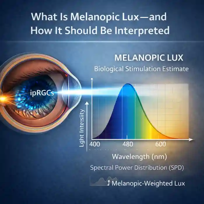 Illustration of an eye with light rays stimulating ipRGCs, alongside a graph showing melanopic lux as biological stimulation estimate across light wavelengths from 400 to 600 nm.