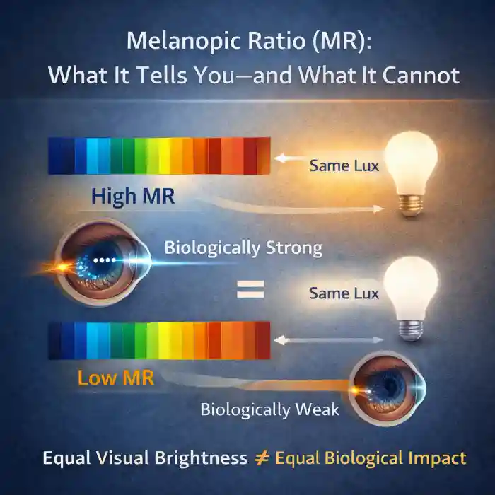 Infographic on melanopic ratio (MR) in lighting, comparing high and low MR spectra with eye icons showing biological strength versus weakness, and identical lux lightbulbs with unequal biological effects.