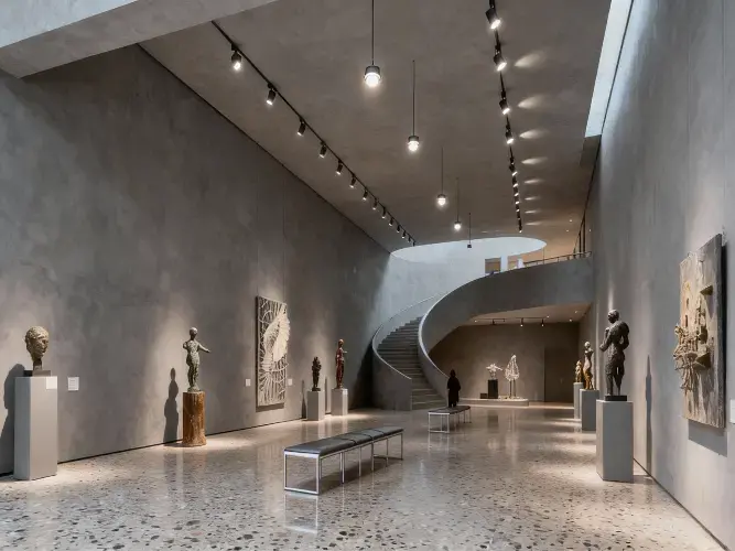 Spacious contemporary gallery with gray concrete walls, displaying sculptures on pedestals, abstract paintings, a central bench, spiral staircase, and soft track lighting.