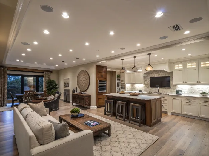 Spacious modern interior with open kitchen featuring white cabinets, wooden island, recessed lighting, adjacent living room with sofa and coffee table.