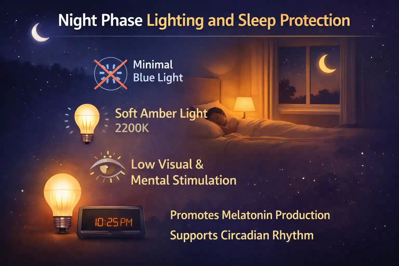 Infographic showing night phase lighting with soft 2000K amber bulbs minimizing blue light, featuring a bedroom at 10:25 PM to promote melatonin and circadian rhythm.