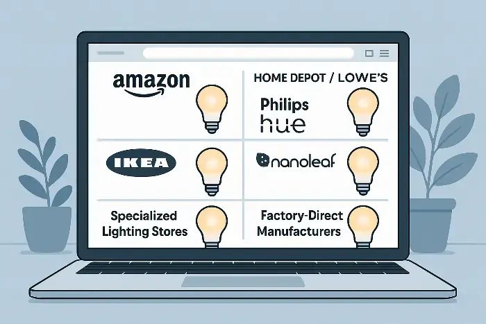 Illustration of a laptop screen showing e-commerce sites and brands for buying lighting products, including Amazon, Home Depot, IKEA, Philips Hue, Nanoleaf, with icons of lightbulbs.
