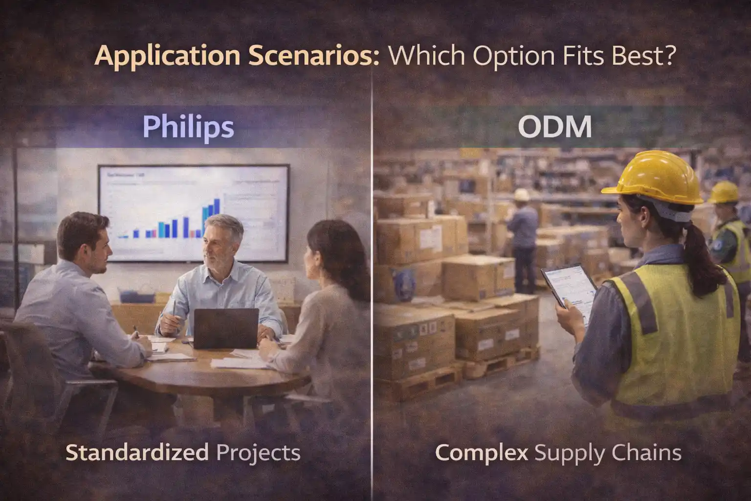 Split-image comparison showing Philips in a professional meeting room with charts and ODM in a busy warehouse with workers handling shipments.