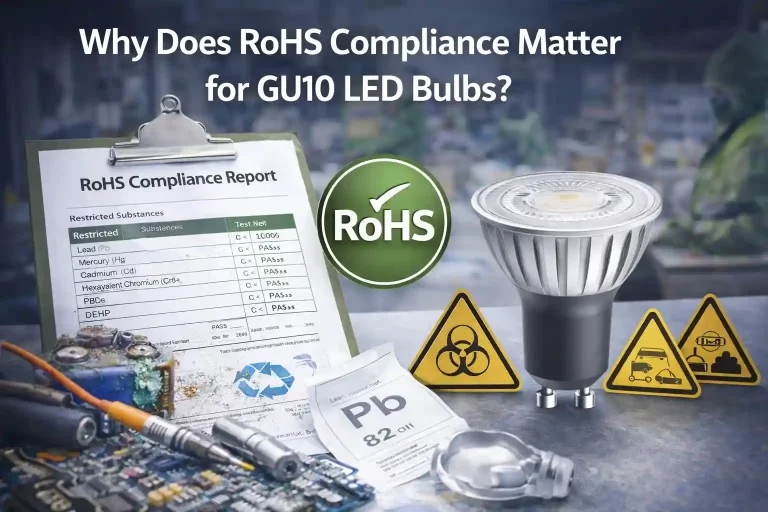 RoHS compliance report document next to a GU10 LED bulb, with restricted substances list, hazard symbols, and recycling icons for environmental safety.