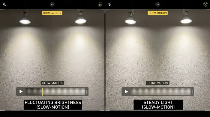Split-screen slow-motion video comparison: left shows flickering brightness under a light with fluctuating yellow indicator, right displays steady light with consistent bar.