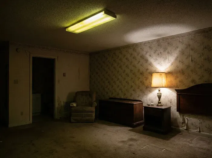 Dimly lit abandoned room with peeling floral wallpaper, worn armchair, wooden bed frame, nightstand lamp, sink area, and fluorescent ceiling light casting shadows.