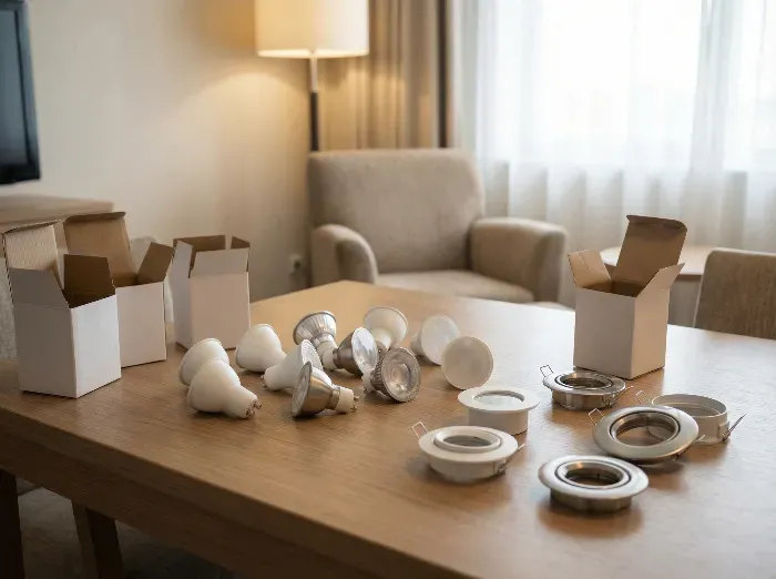 Wooden table with various white LED light bulbs, metal recessed rings, and empty boxes in a bright living room with chairs and curtains.