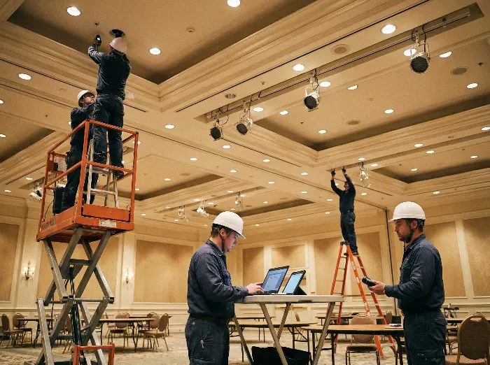 Technicians in hard hats and uniforms install ceiling lights and tracks using lifts and ladders in a spacious elegant conference room.