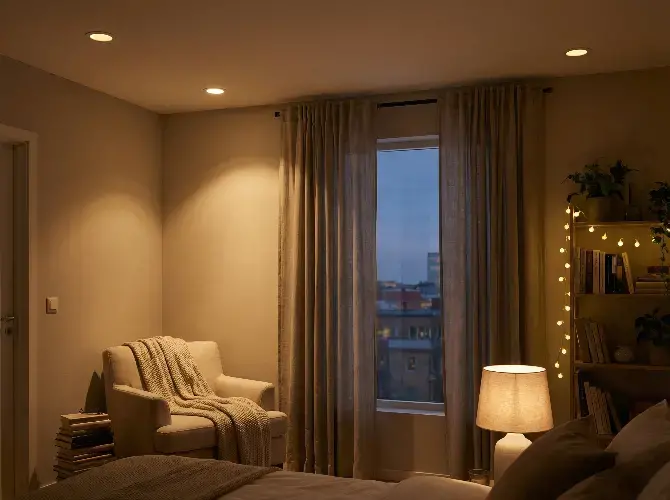 Cozy bedroom with soft recessed ceiling lights, comfortable armchair draped in a blanket, large window showing city view at dusk, bed, plants, and bookshelves.