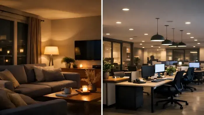 Split image showing a warm-lit living room with sofa, plants, and TV on the left, and a modern office with desks, computers, and pendant lights on the right.