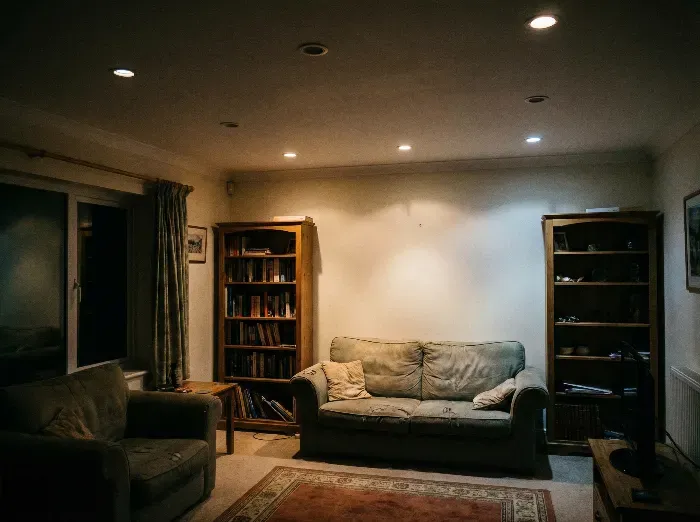 Dimly lit cozy living room at night with warm ceiling spotlights, green sofa and armchairs, wooden bookshelves filled with books, and a red oriental rug.