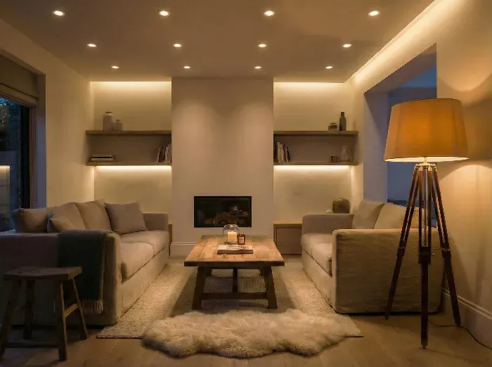 Dimmable LED bulbs glowing softly in a modern living room setup