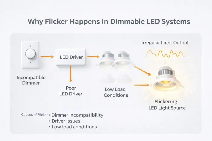Diagram explaining flicker in dimmable LED systems, showing an incompatible dimmer connected to an LED driver under low load, causing irregular light output from fixtures.