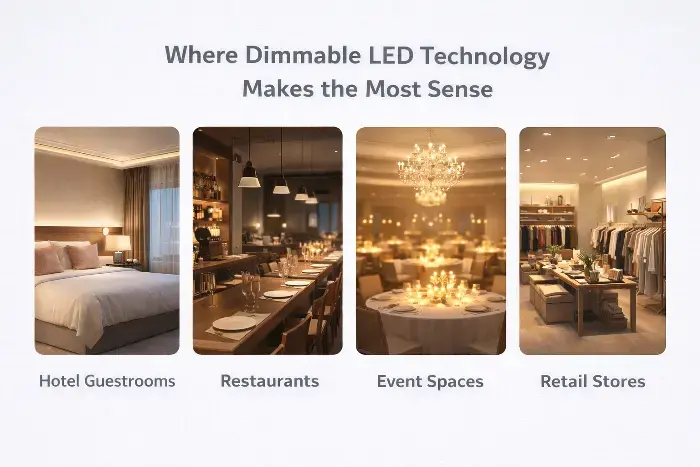 Infographic illustrating dimmable LED lighting in hotel guestrooms, restaurants, event spaces, and retail stores with ambient illumination examples.