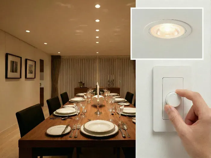 Elegant dining room with wooden table set for dinner, warm recessed ceiling lights casting soft glow. Inset close-up of white dimmer switch being turned by hand.