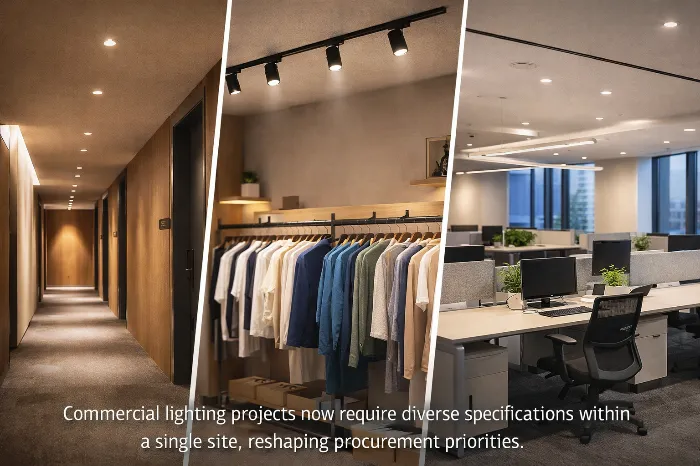 Collage of three modern commercial interiors: warmly lit wooden corridor, clothing display with track spotlights, and open office with recessed ceiling lights.
