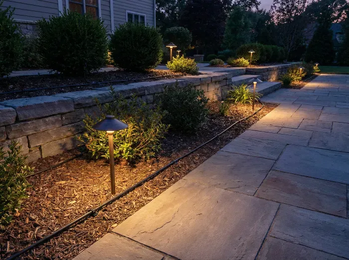 Stone pathway illuminated by small ground lights at dusk, bordered by shrubs, mulch beds, and a low retaining wall in a residential backyard.