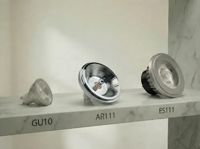 Three silver LED spotlight bulbs in varying sizes, labeled GU10 small, AR111 medium, and ES111 large, arranged on a white marble shelf for display.