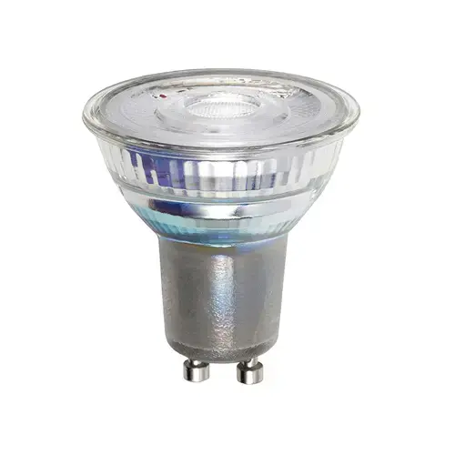 Close-up of a GU10 LED bulb with clear glass dome, metallic base, and two silver pins for secure fixture installation.