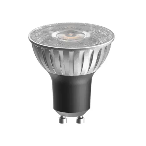 Close-up image of a GU10 LED light bulb with silver metallic reflector, frosted glass cover, and black base featuring two metal pins.