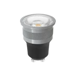 Close-up of a modern GU10 LED bulb with silver metallic body, textured reflector, black plastic base, and two metal pins for secure installation.