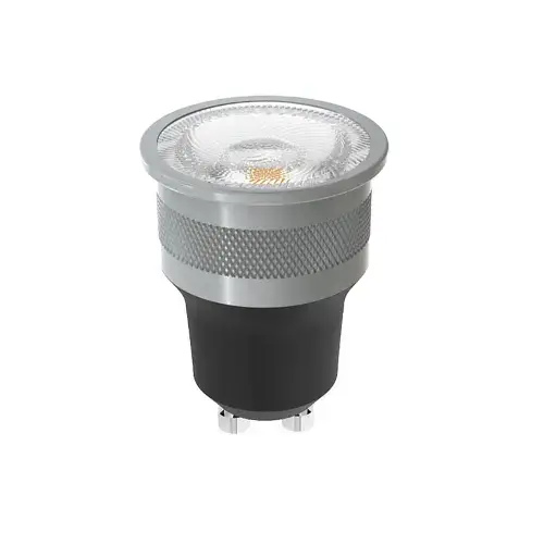Close-up of a modern GU10 LED bulb with silver metallic body, textured reflector, black plastic base, and two metal pins for secure installation.