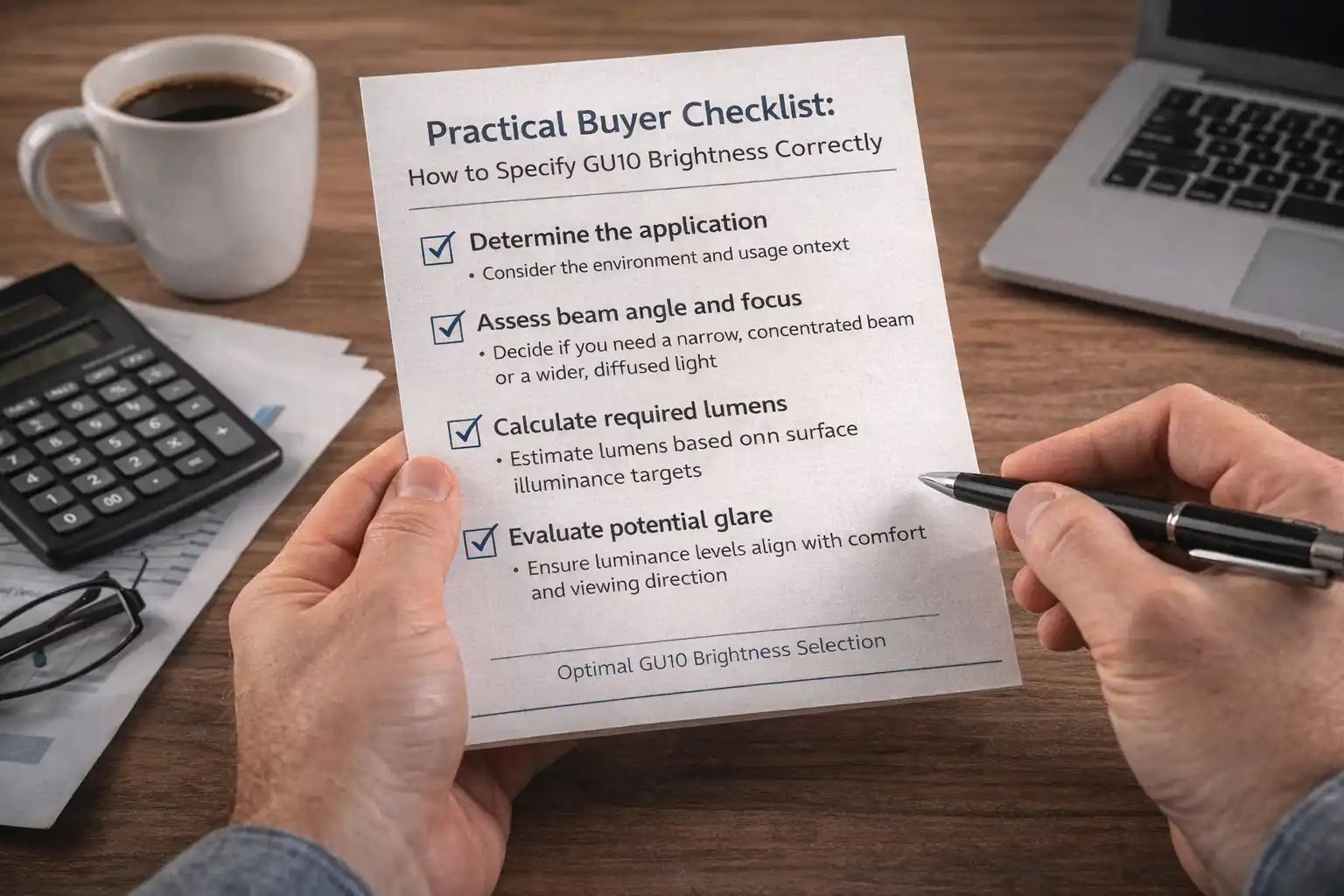Hand holding a printed checklist on GU10 brightness specification, placed on an office desk with a laptop, coffee mug, calculator, and pen nearby.