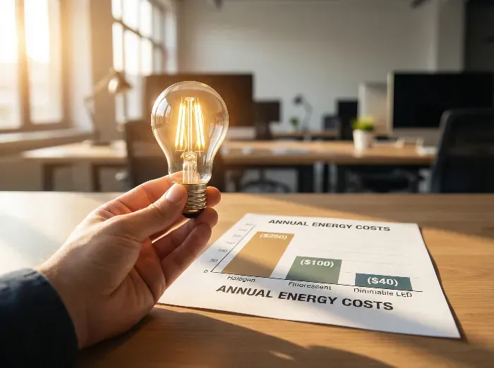 A hand holds a glowing filament-style LED bulb over a bar chart on a table, comparing annual energy costs of fluorescent lights at $100 versus LEDs at $40 in an office setting.
