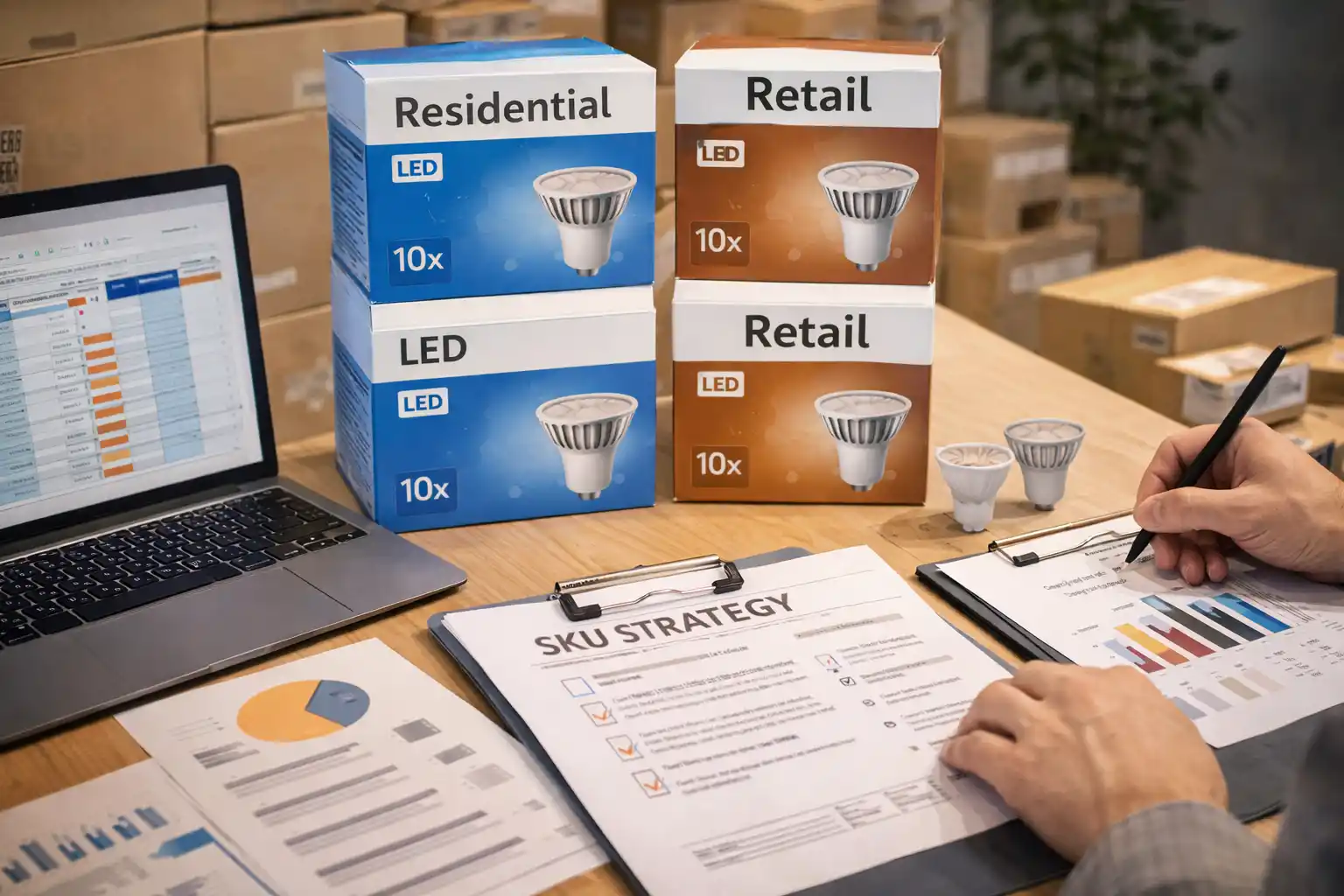 Office desk with residential and retail LED bulb boxes, an open laptop displaying data, a SKU strategy clipboard with charts, and a hand writing notes.