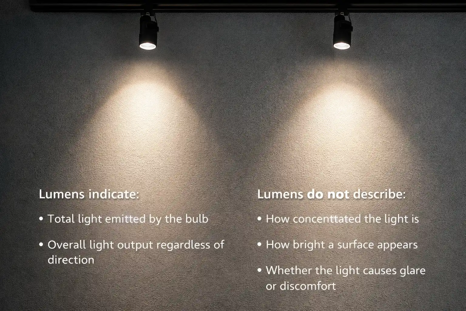 Infographic comparing two spotlights: the left illustrates lumens as the total light emitted by a bulb, while the right shows how beam focus, surface brightness, and glare are not fully described by lumen values.