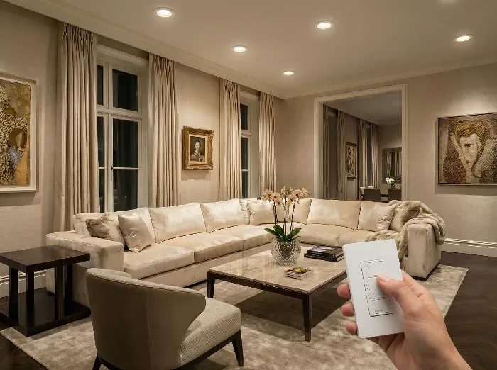A hand holds a white wireless dimmer switch in an elegant beige-toned living room with cream sofa, large windows, artwork, and soft recessed ceiling lights.