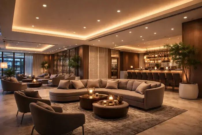 Spacious modern lounge with curved beige sofas, low wooden tables with candles, a sleek bar area, large potted plants, and warm recessed ceiling lighting.