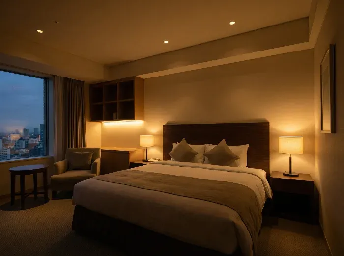 Modern hotel bedroom with king-sized bed, warm lamps, armchair, side table, and large window showing city skyline at twilight.
