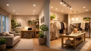 Split-image of cozy living room with neutral sofa, wooden desk, plants, and adjacent clothing boutique featuring garment racks and display table under warm lighting.