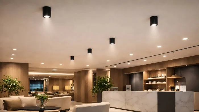 Modern hotel lobby with recessed black ceiling lights, wood-paneled walls, potted green plants, marble reception desk, and white armchairs around a small table.