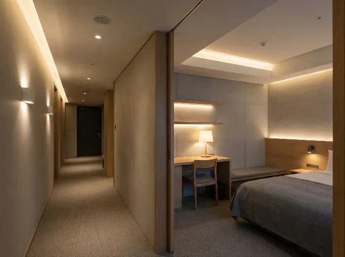 A sleek minimalist hotel corridor with beige walls and recessed lighting leads to a bedroom featuring a wooden bed, desk, chair, and soft ambient glow.