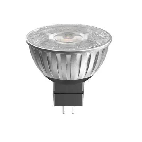 Close-up view of a compact LED MR16 spotlight bulb with a glowing warm white light, frosted circular lens, ridged silver body, and two-pin base for secure installation.