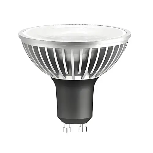Close-up of a white LED spotlight bulb with silver heat-dissipating fins, black base, and two metal pins for secure installation.