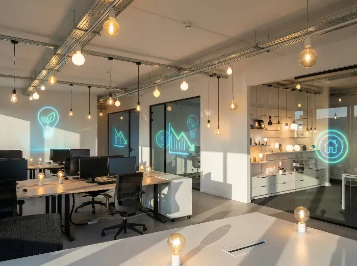 Contemporary office with wooden desks, computers, ergonomic chairs, hanging pendant lights, and glowing neon icons of lightbulb, graphs, and house on walls.
