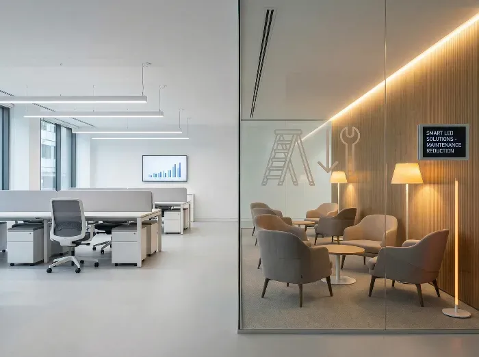 Split-view of contemporary office: left side shows open desks with chairs and graph display; right side features cozy armchairs, wood panels, and ambient strip lighting.