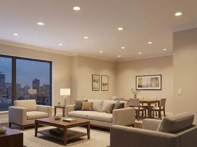 Spacious modern living room with beige sofas, wooden coffee table, dining area, recessed ceiling lights, and large windows showing city skyline at dusk.
