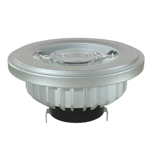 Close-up of a circular silver LED recessed light fixture with clear central lens and black mounting clips for ceiling installation.