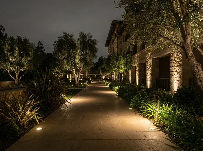 A serene stone pathway illuminated at night, lined with olive trees, lush greenery, and warm ground lights leading to a rustic building.