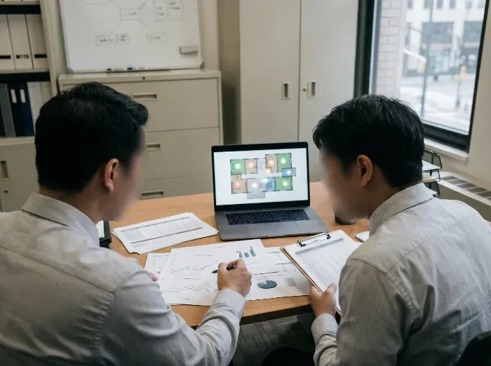 Two professionals in business attire sit at a desk in an office, reviewing a digital floor plan grid on a laptop screen, with sketches and documents nearby.
