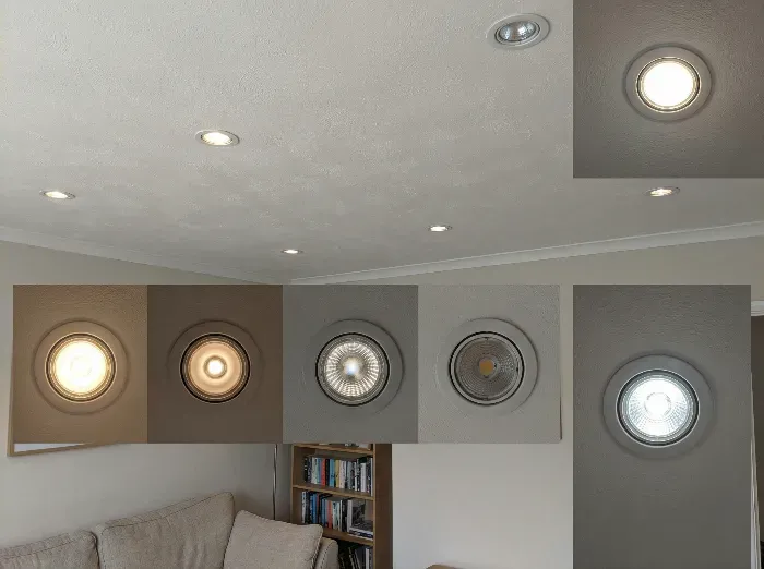 Collage of a room ceiling with installed recessed LED downlights glowing warmly, plus close-up insets showing different color temperatures from yellow-tinted warm to cool white.