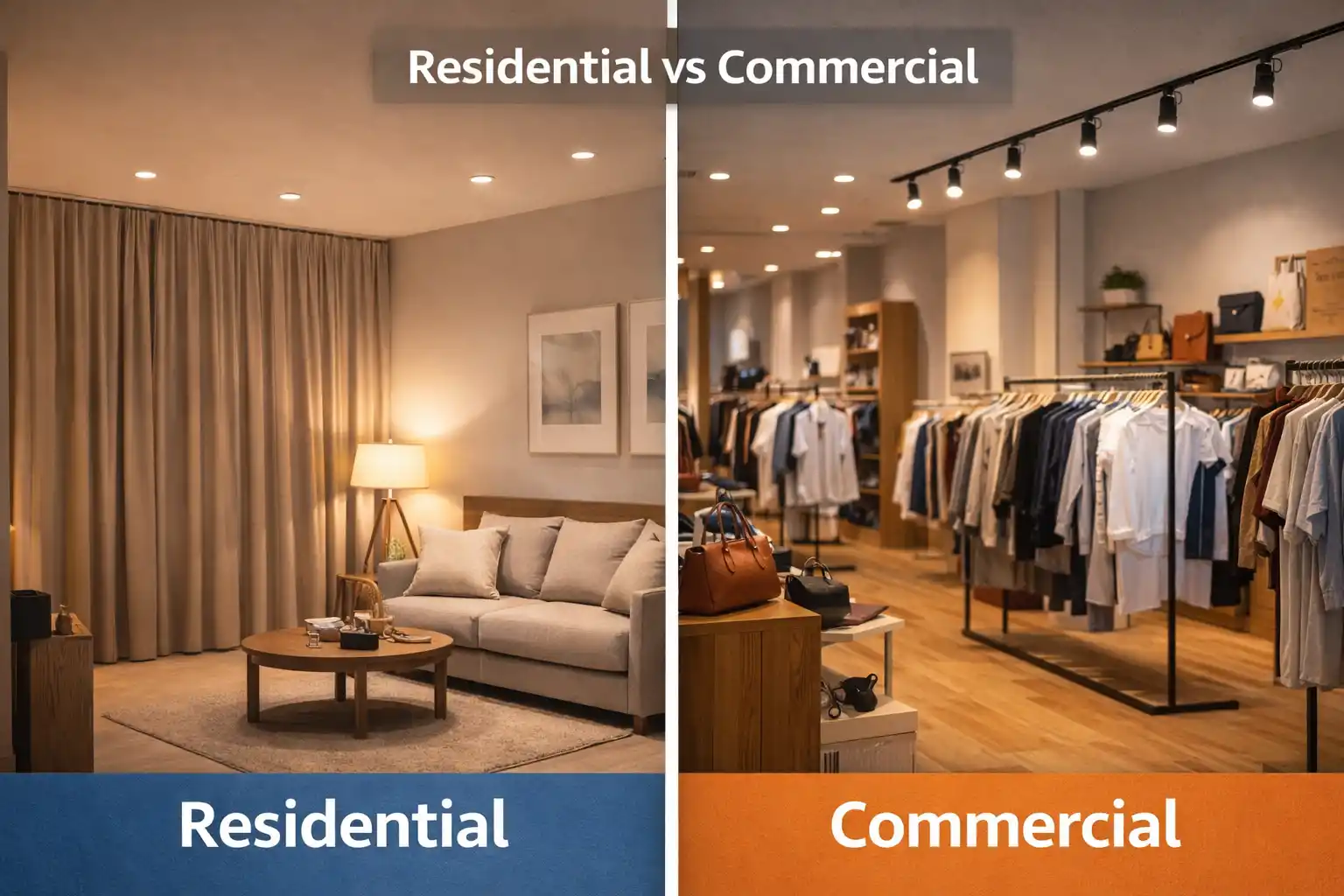 Split image comparing residential and commercial lighting: a cozy living room with warm recessed lights and furnishings on the left, and a bright clothing store with track lighting on the right.