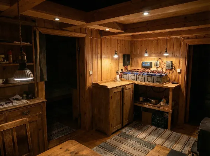 Cozy wooden cabin interior with warm lighting from hanging lamps, a battery bank on the counter, rustic shelves, and antique furniture creating an inviting off-grid atmosphere.